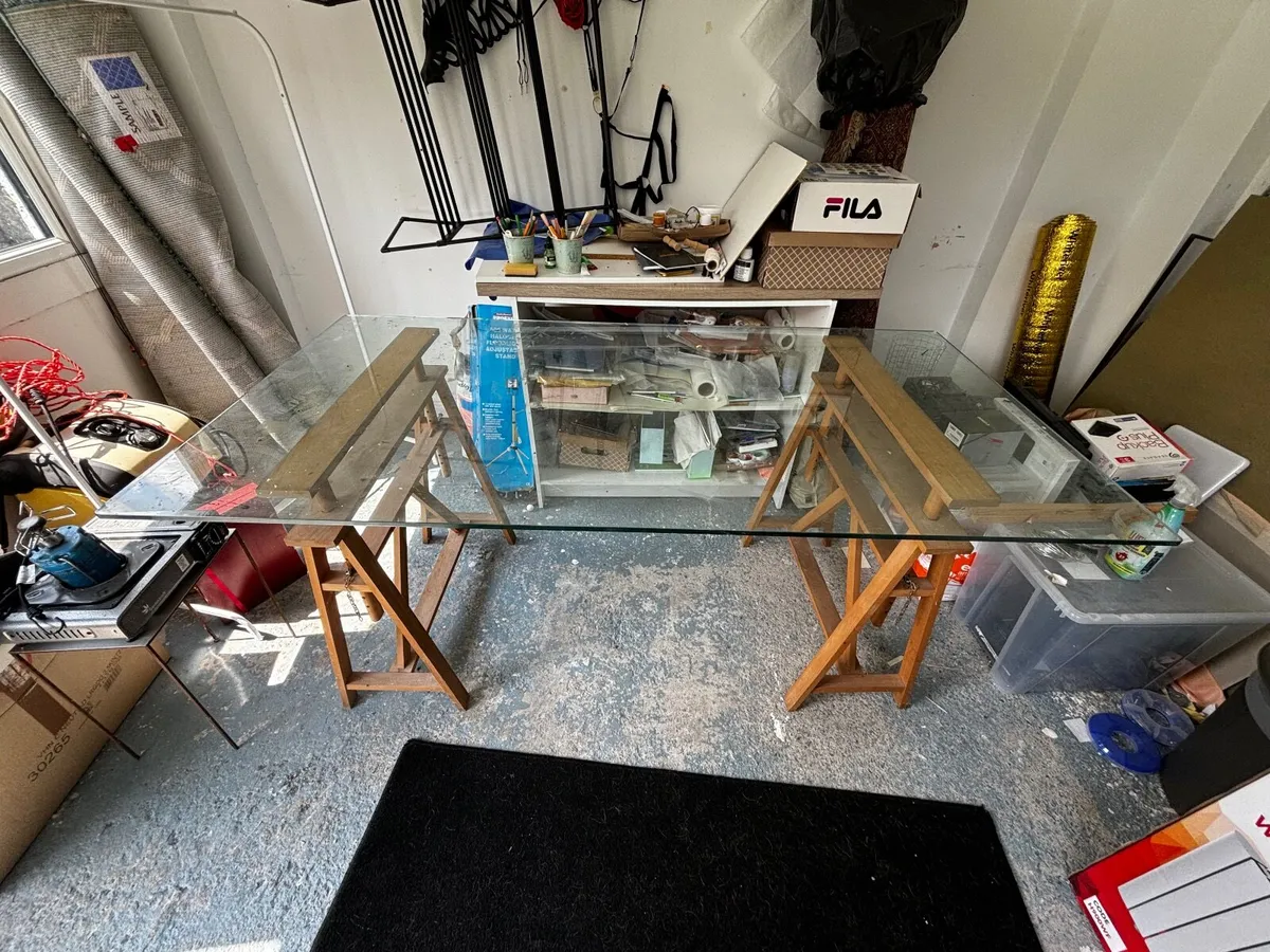Glass top trestle table - Image 4