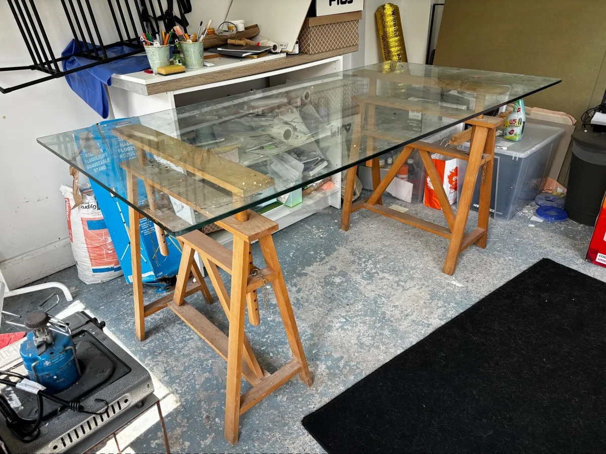 Glass top trestle table - Image 1