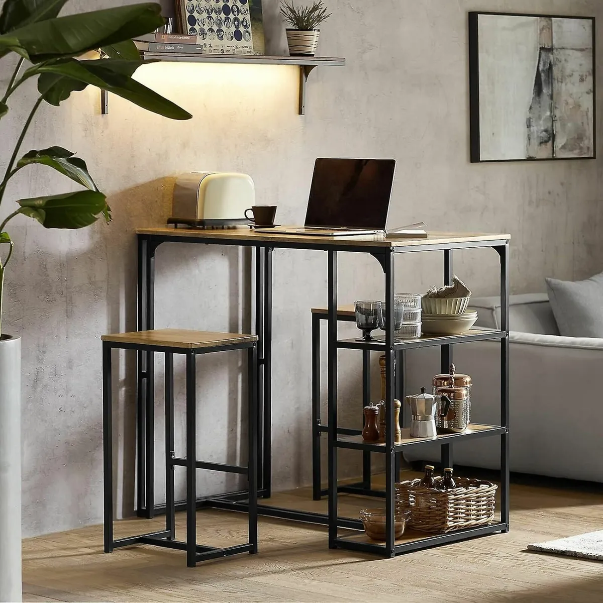 3-Piece Bar Table Set with Storage Shelves Industr - Image 3
