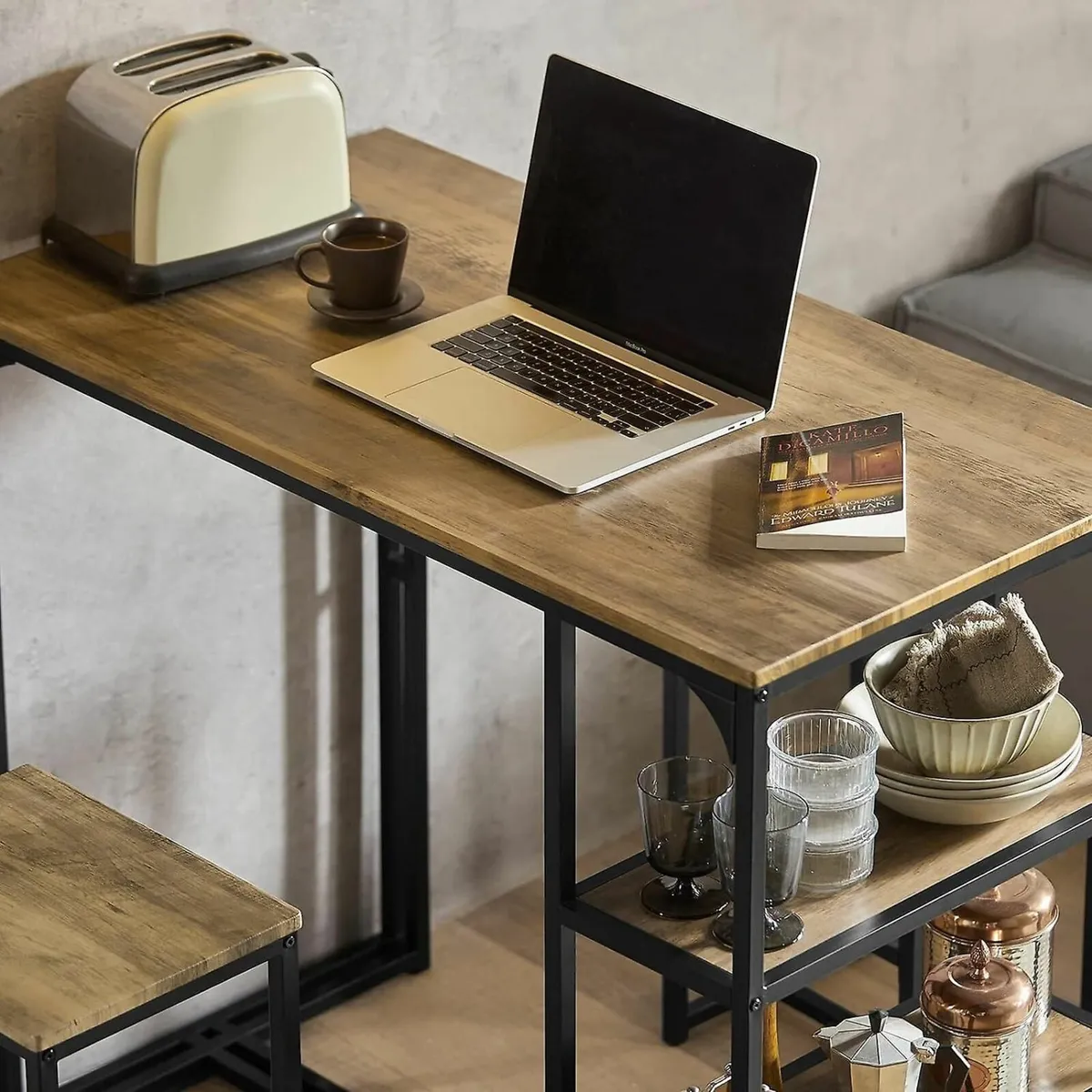 3-Piece Bar Table Set with Storage Shelves Industr - Image 4