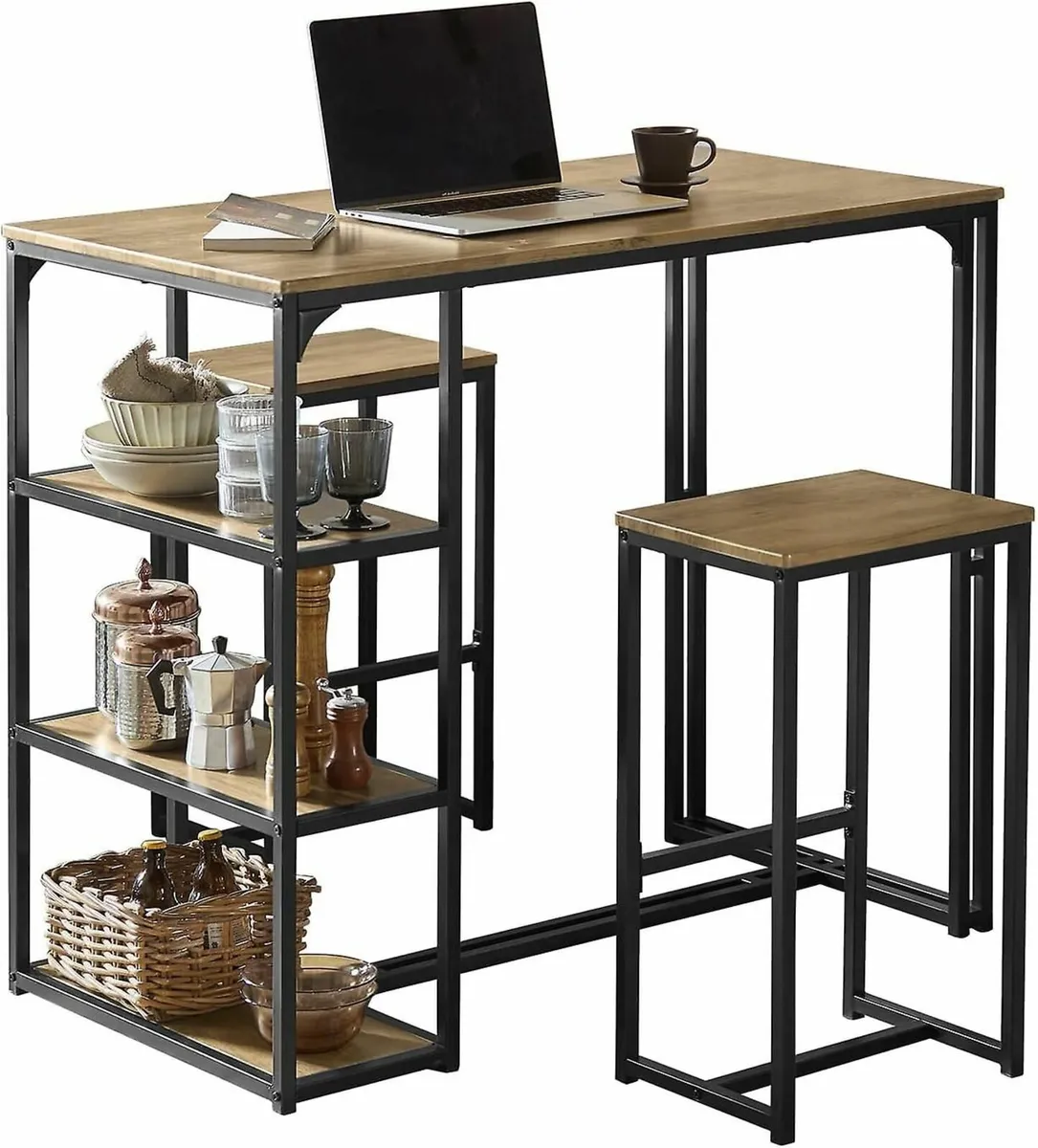 3-Piece Bar Table Set with Storage Shelves Industr - Image 1
