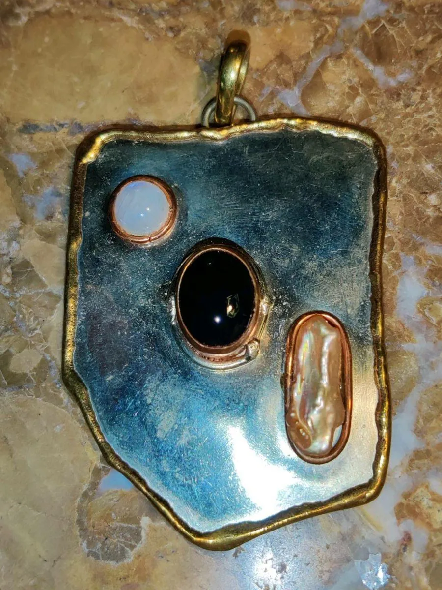 HUGE MULTI-GEM , ReaL Silver & Gold Plated Pendant - Image 1