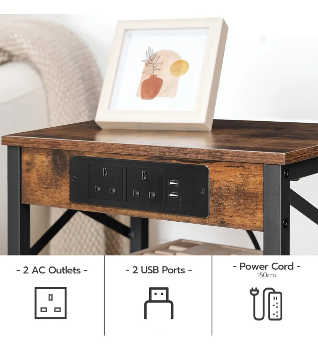2 Wooden Bedside Table with Charging Station - Image 3