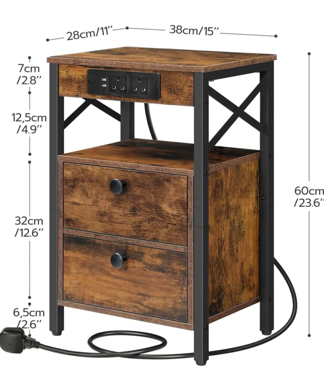 2 Wooden Bedside Table with Charging Station - Image 4