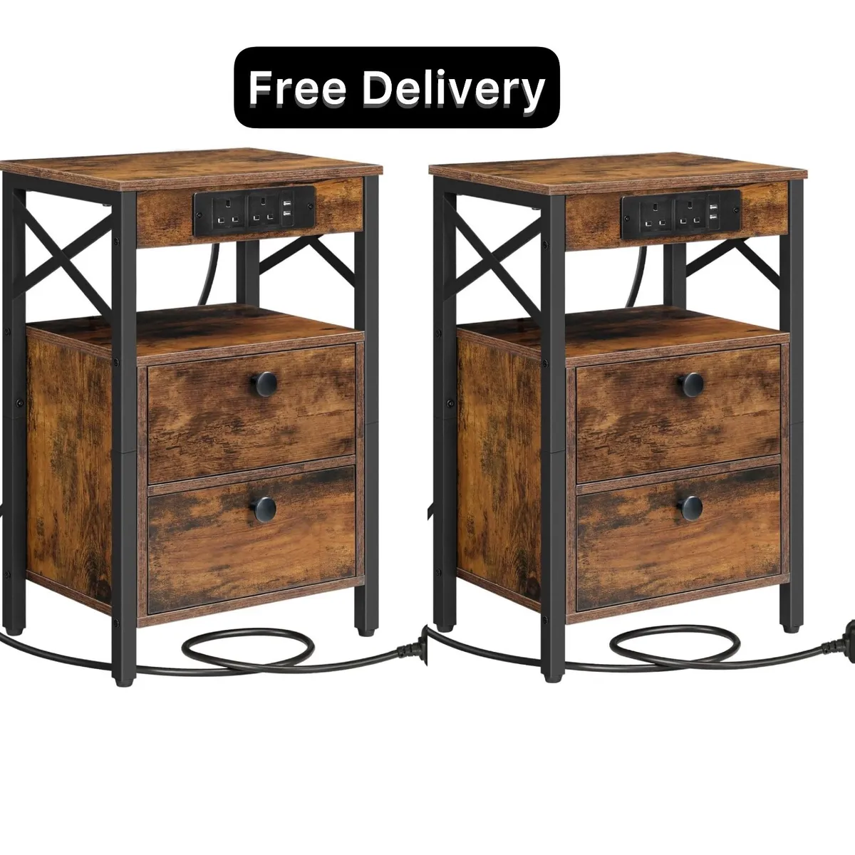 2 Wooden Bedside Table with Charging Station - Image 1