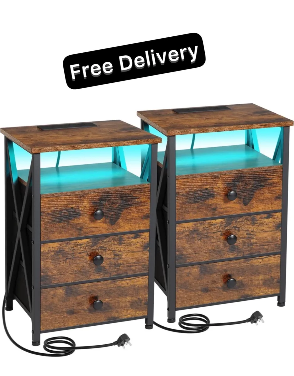 Bedside Table Set of 2 with Charging Station LED - Image 1