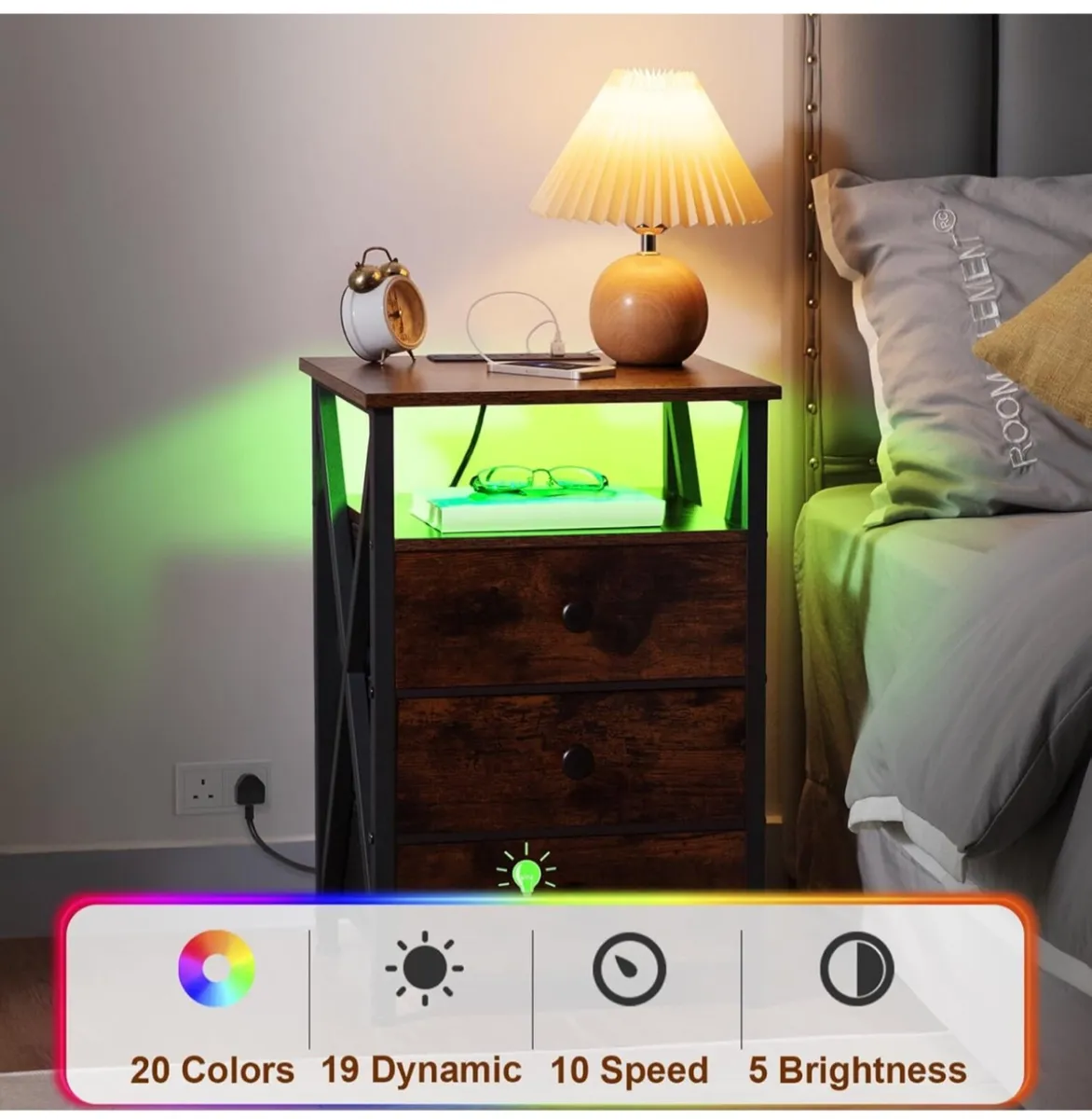 Bedside Table Set of 2 with Charging Station LED - Image 2