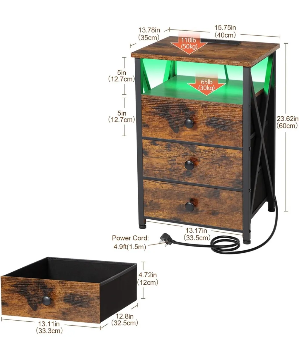 Bedside Table Set of 2 with Charging Station LED - Image 3