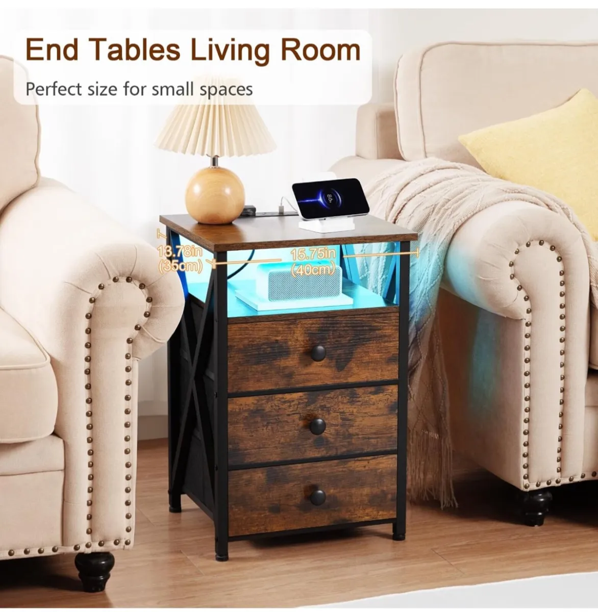 Bedside Table Set of 2 with Charging Station LED - Image 4