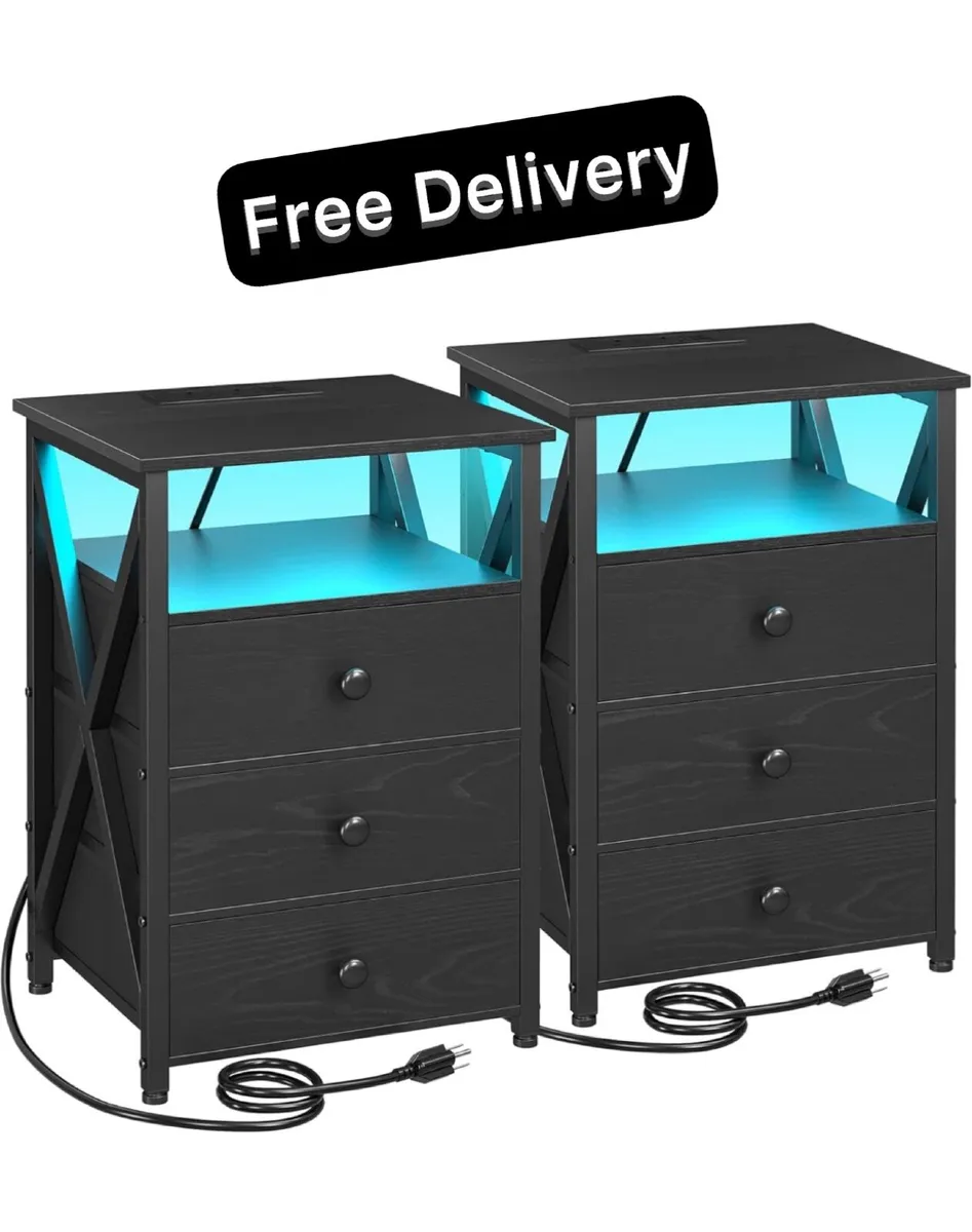 Bedside Table Set of 2 with Charging Station Black - Image 1