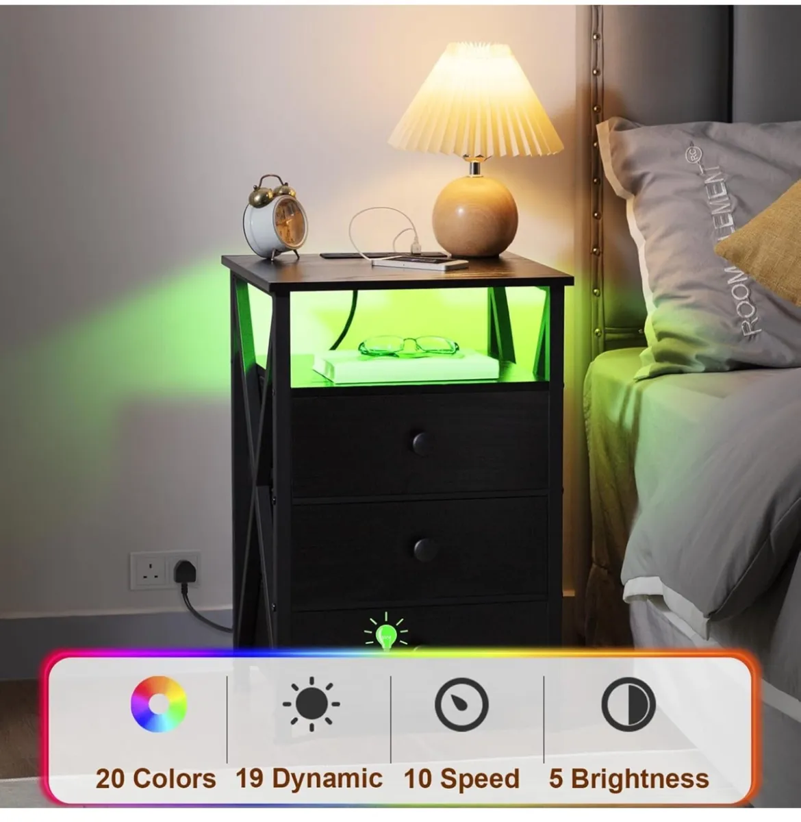 Bedside Table Set of 2 with Charging Station Black - Image 3