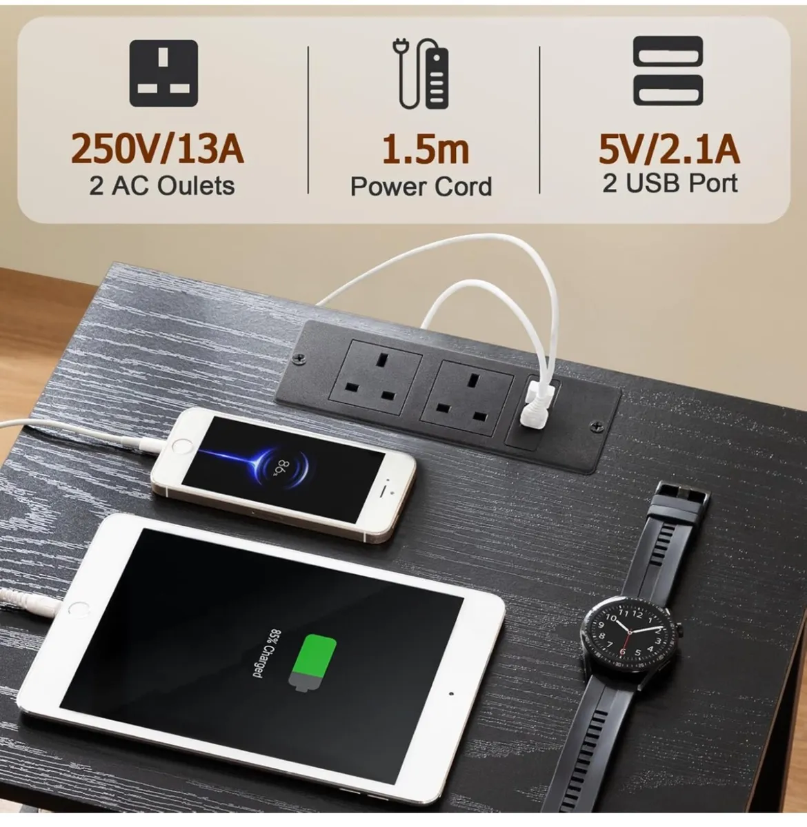 Bedside Table Set of 2 with Charging Station Black - Image 4