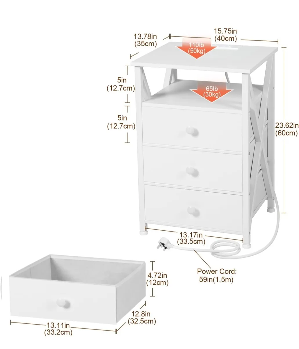 Bedside Table Set of 2 with Charging Station, Side - Image 3
