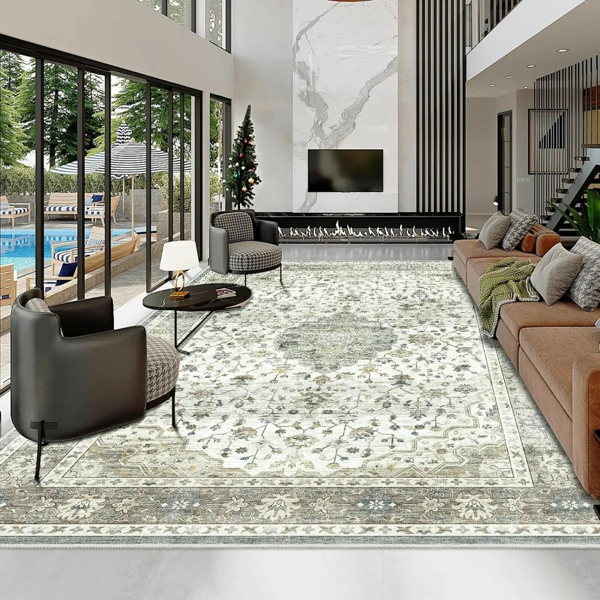 Vintage Area Rug Living RoomBeige Green 240*340cm - Image 4