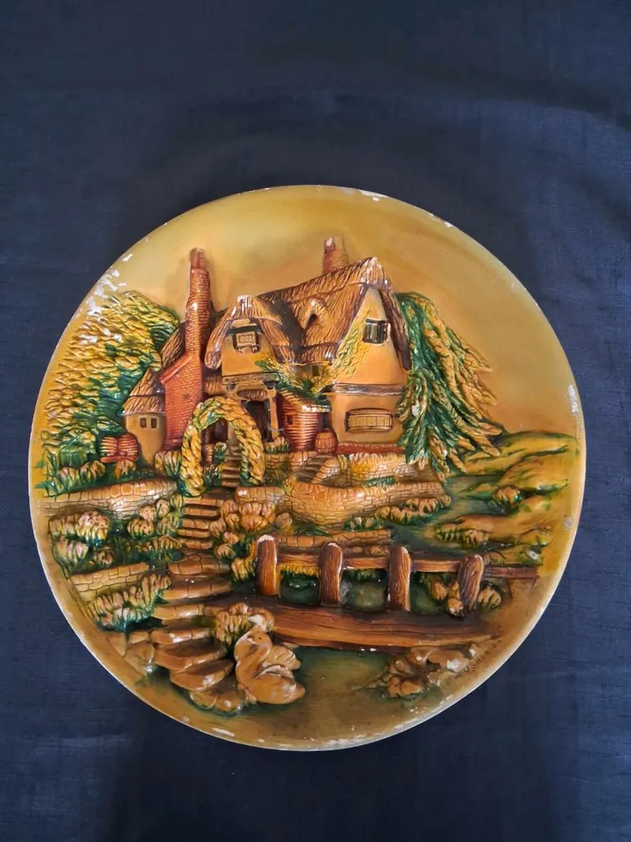 Vintage Chalkware Cottage Art Wall Plaque - Image 1
