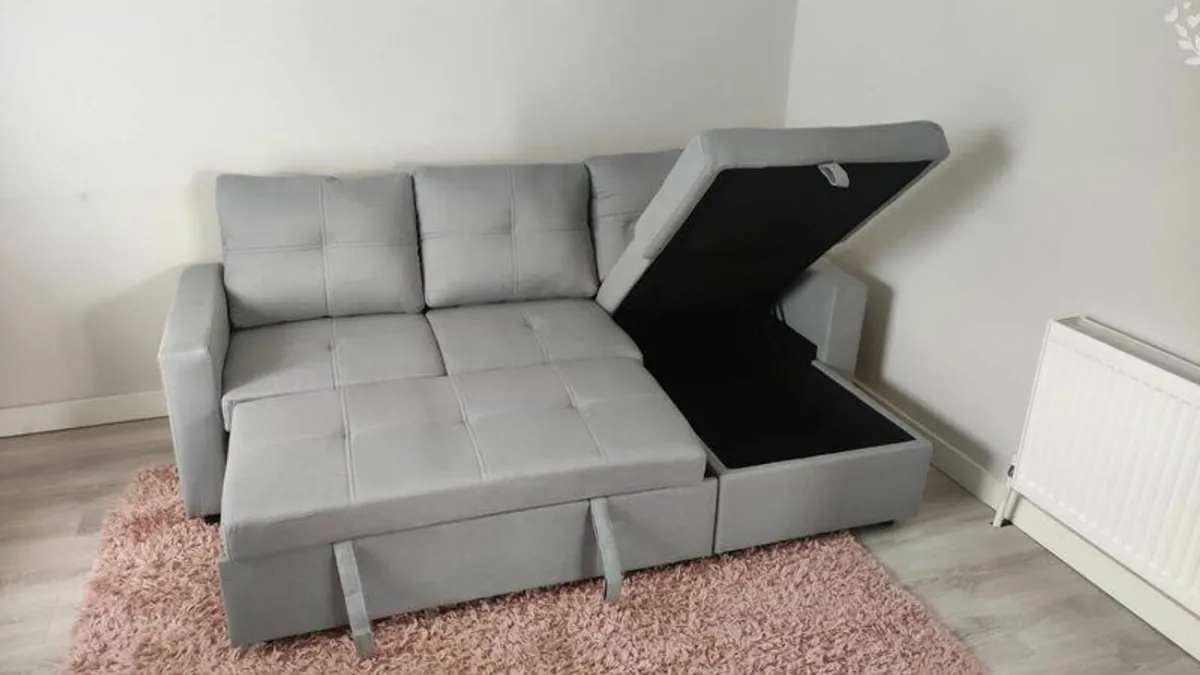 Silver fabric Corner Sofa Bed Storage Free Delivery - Image 1