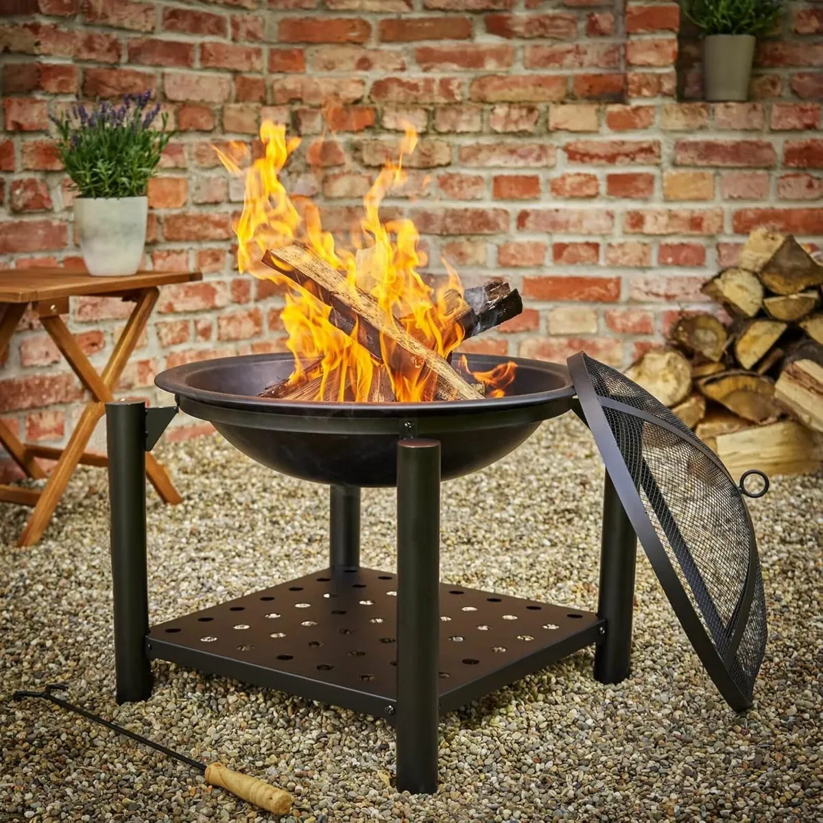 Fire Bowl with Spark Protection Cover Poker BBQ Ro - Image 4