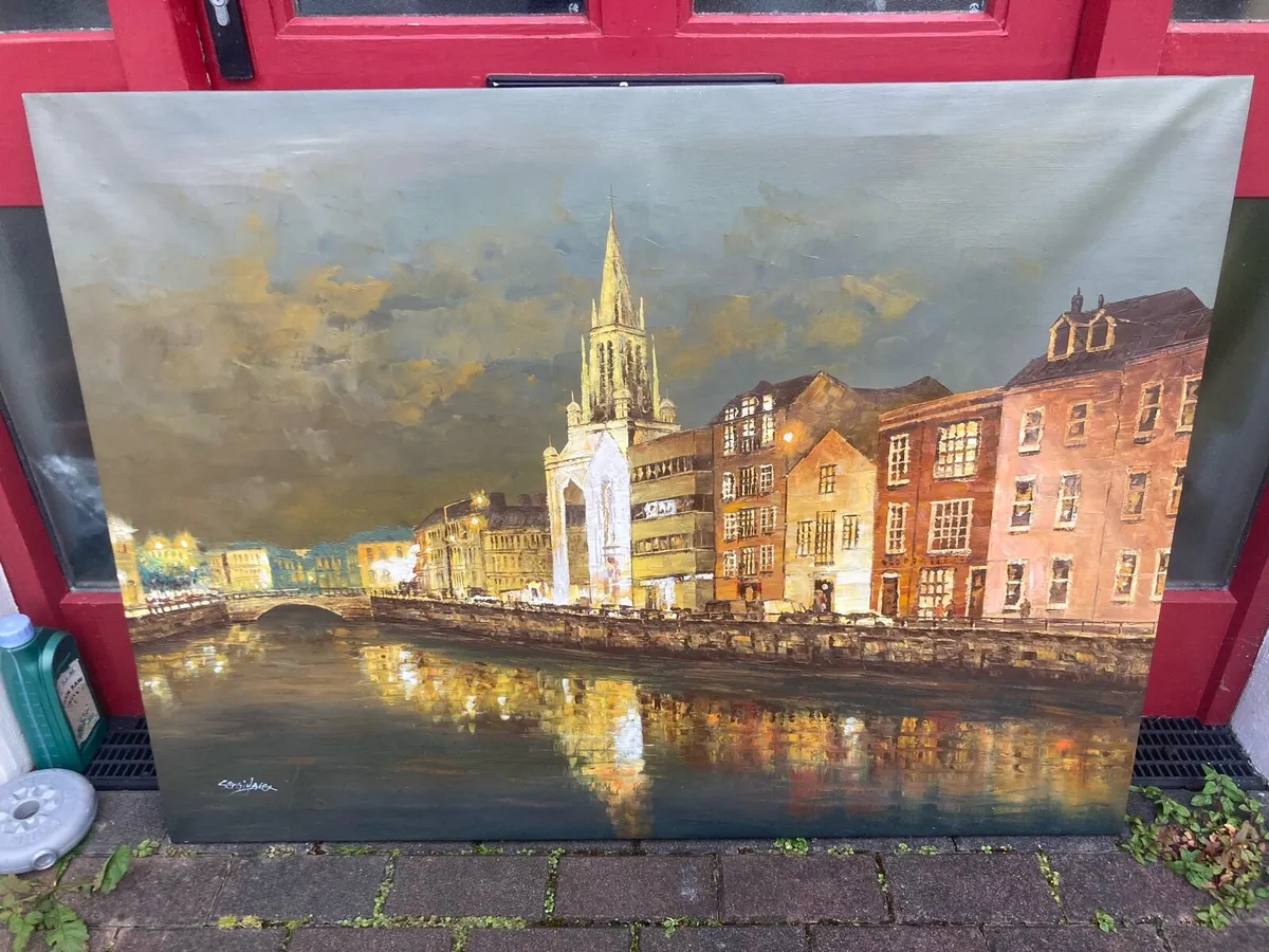 Large oil painting signed cork city - Image 1