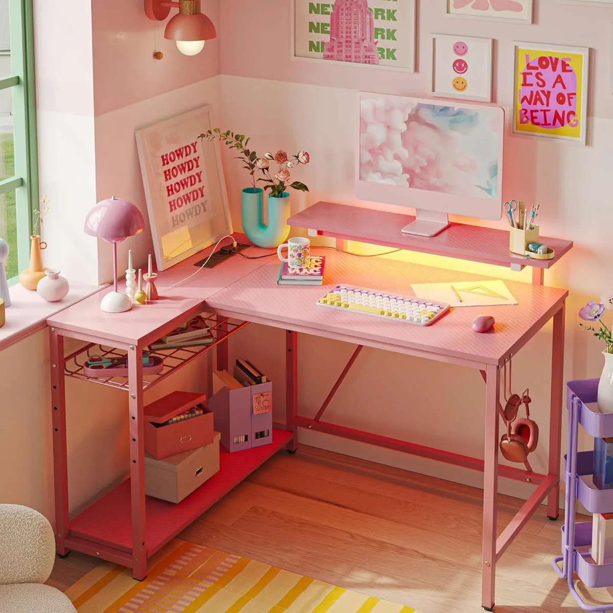 Pink Gaming Desk Office Outlets USB 106.5cm - Image 2