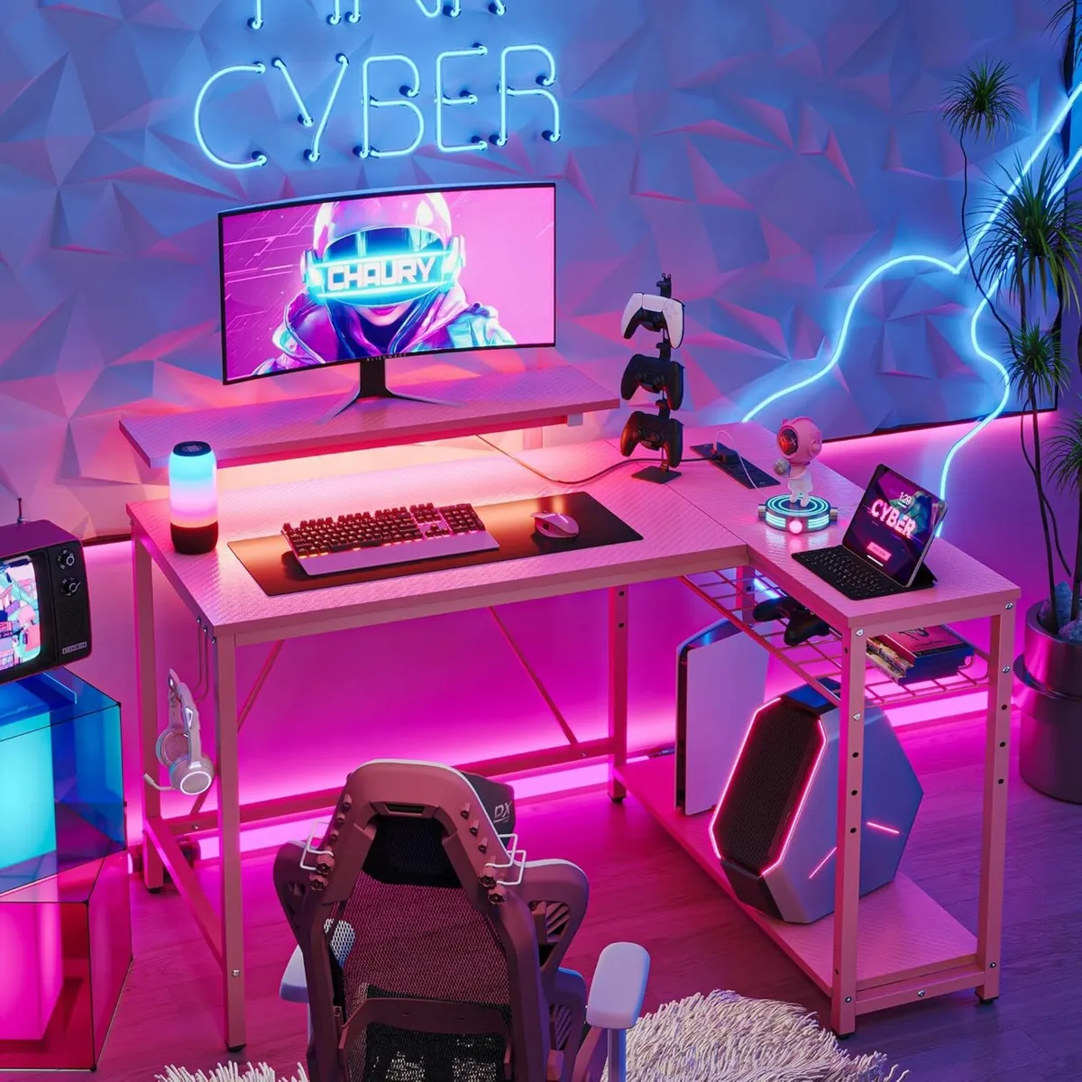 Pink Gaming Desk Office Outlets USB 106.5cm - Image 4