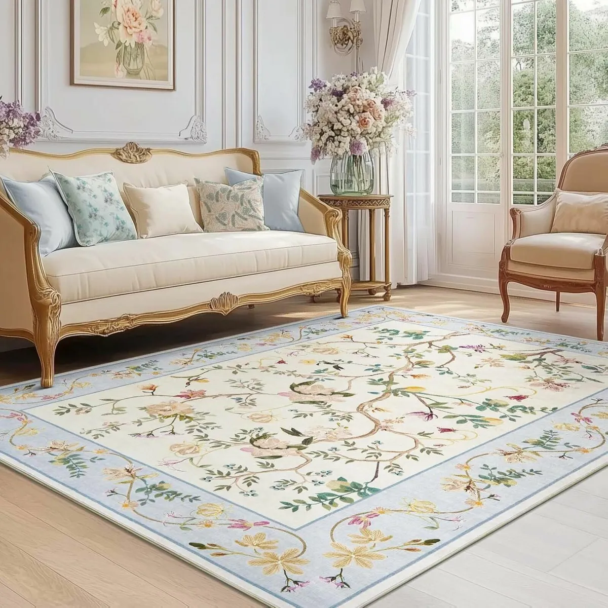 Floral Soft Large Rug Beige Blue150x210 cm bedroom - Image 1