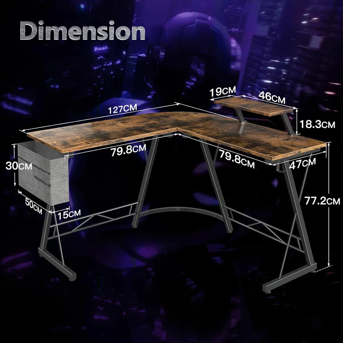 Vintage Brown L Shaped Gaming Desk 127x127x75cm - Image 2