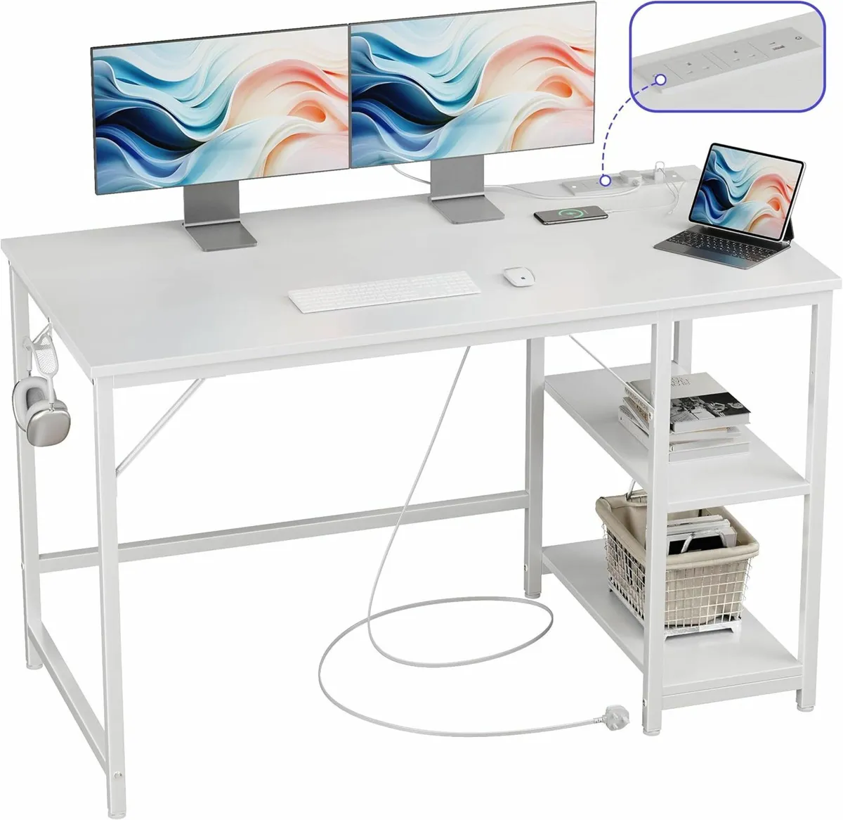 Computer Office Desk Power Outlets 120x60cm white - Image 1