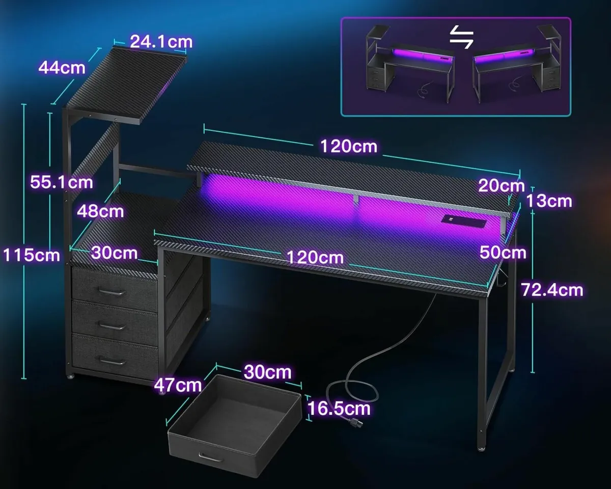 Gaming Office Desk LED Power Outlet Black 151x50m - Image 2