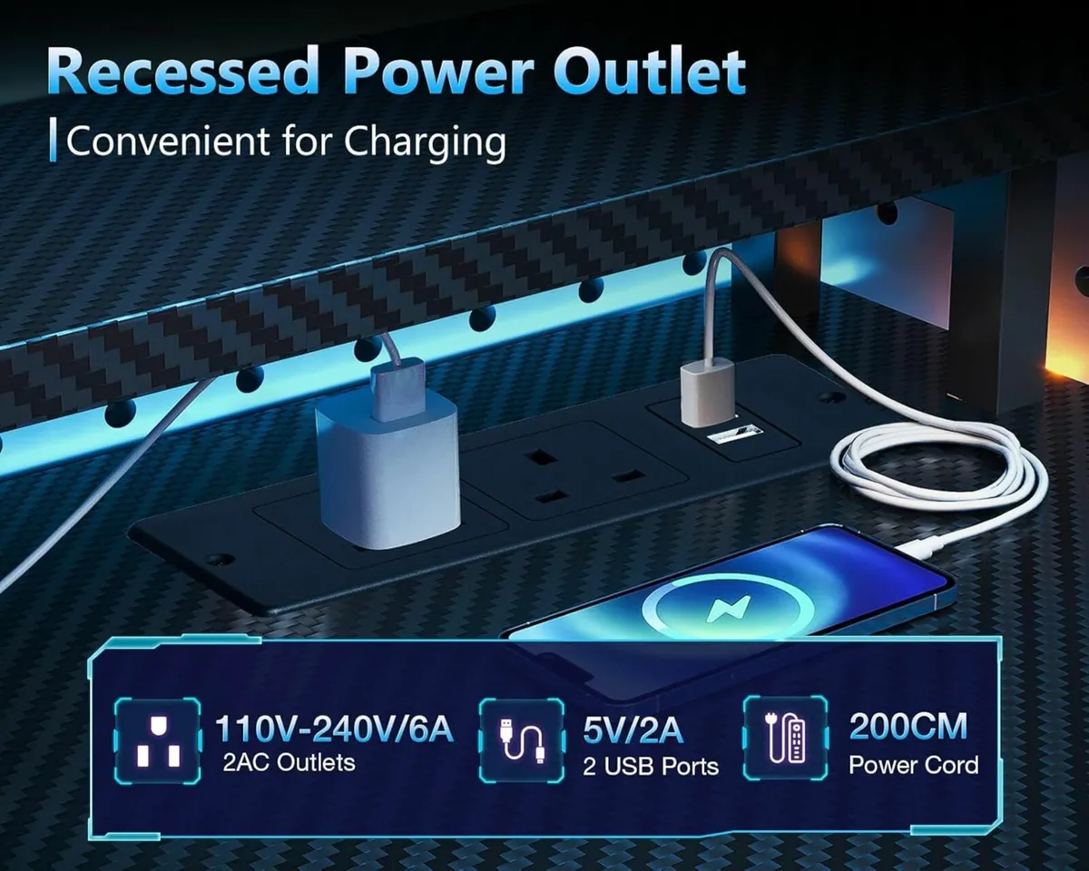 Gaming Office Desk LED Power Outlet Black 151x50m - Image 3