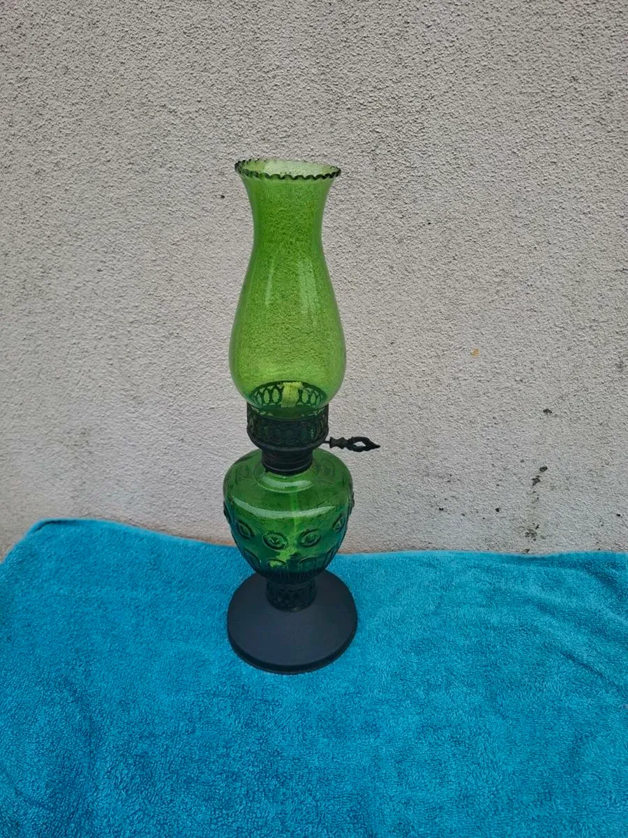 Green glass oil lamp postage possible - Image 1