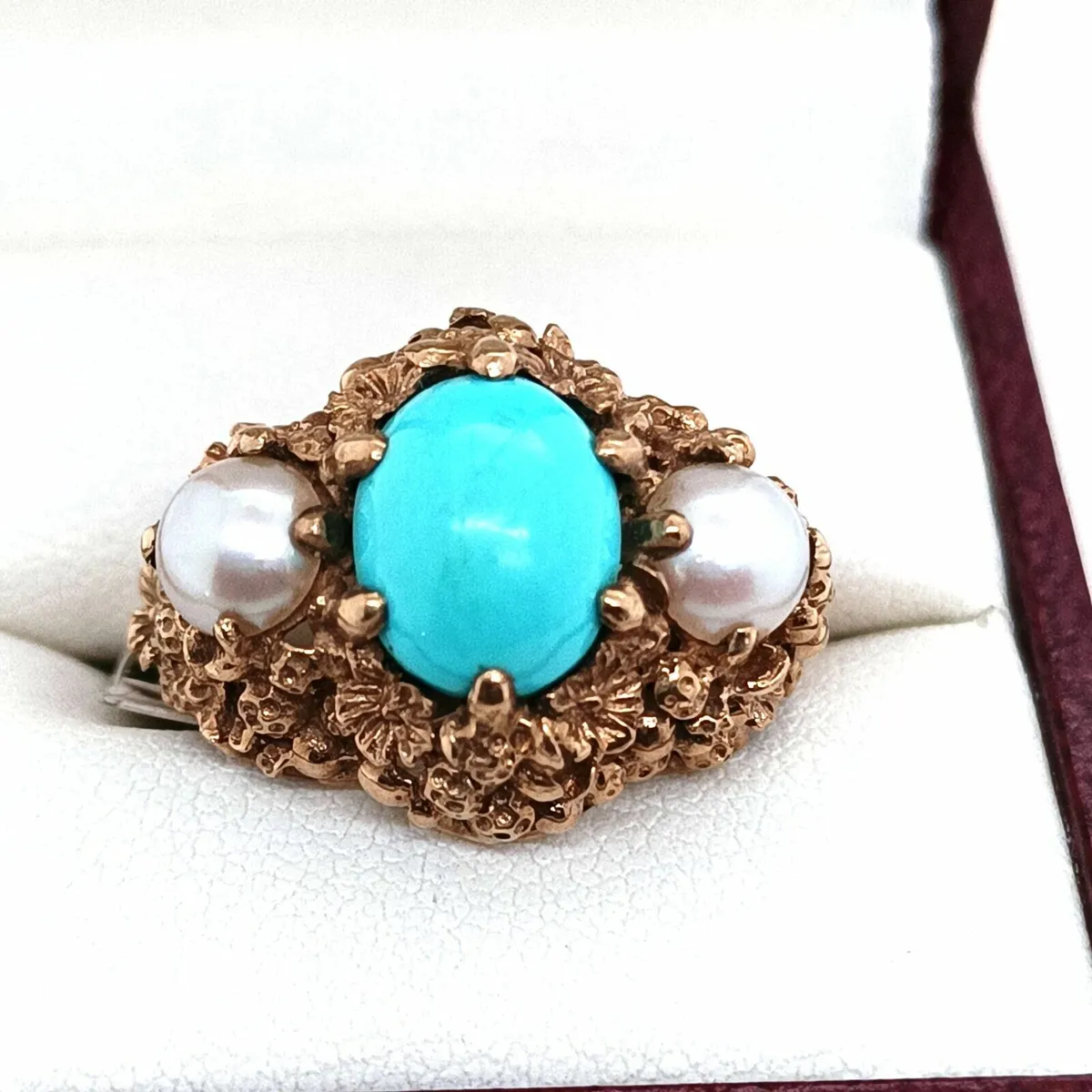 Vintage 9k Turquoise & Pearl, Flower Detail Ring - Image 4
