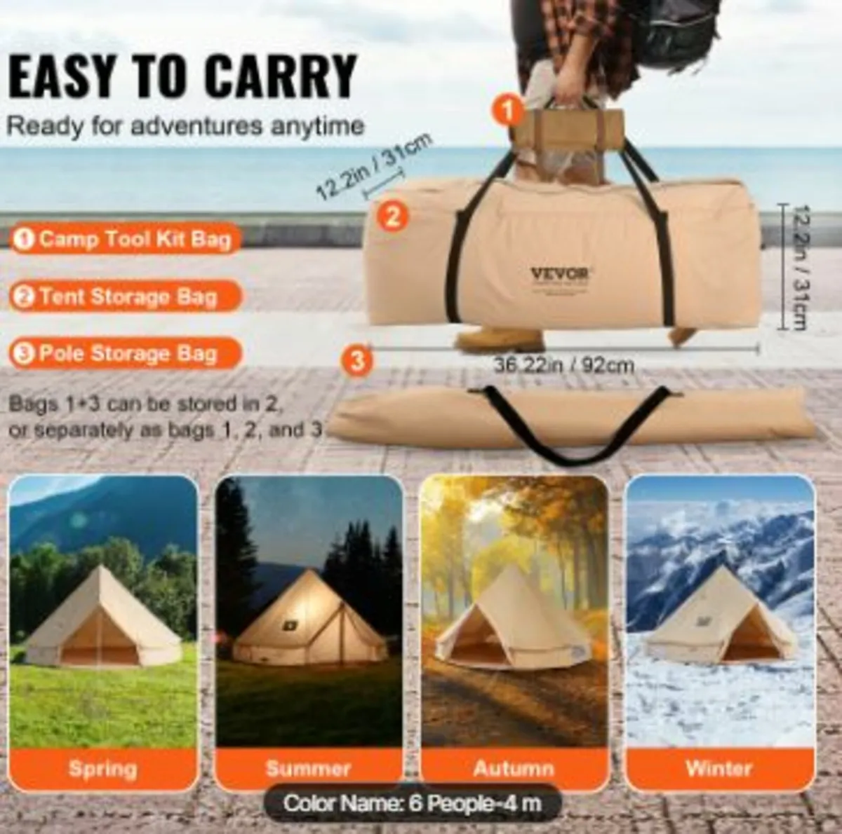 Canvas Bell Tent, 4 Seasons 4 m/13.12 ft Yurt Tent - Image 4