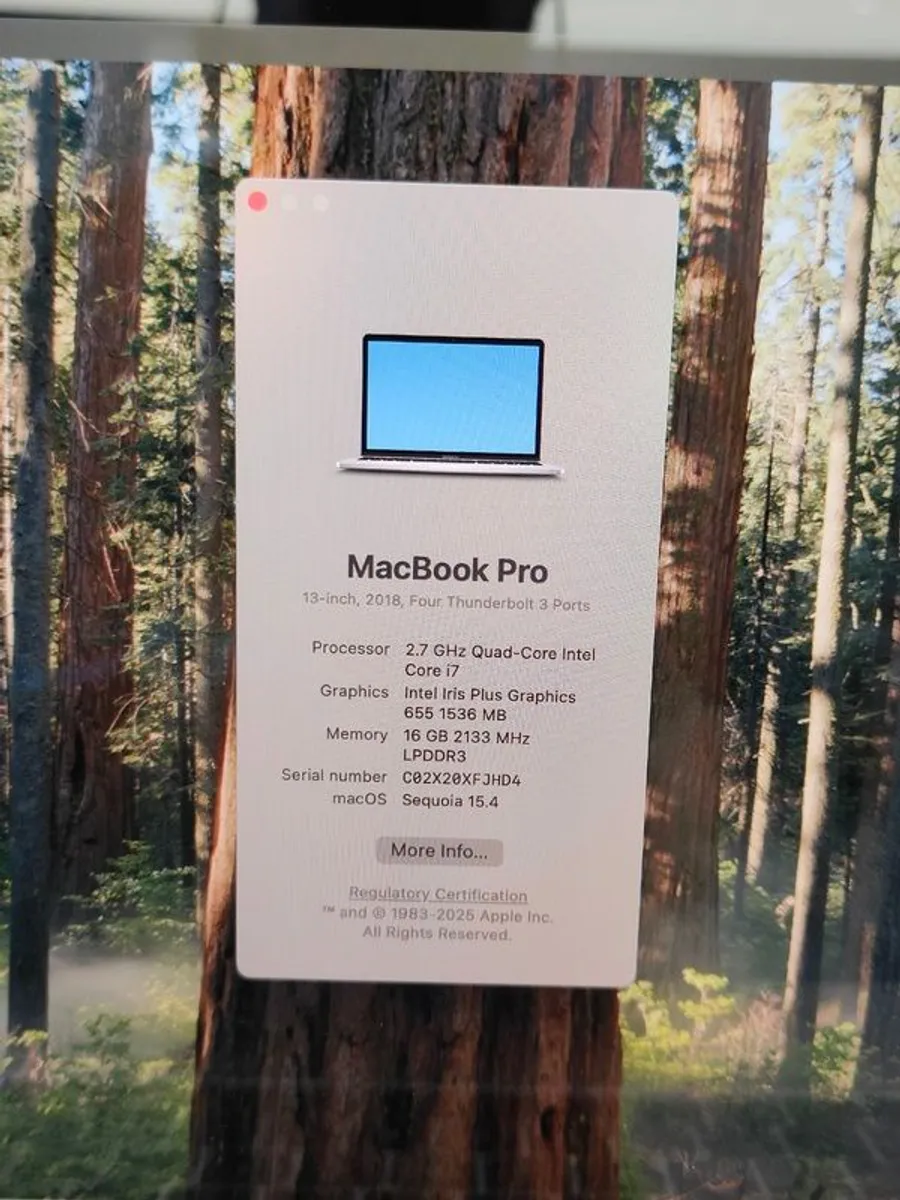 Apple MacBook Pro 13" A1989 (2018) - i7 2.7GHz (i7-8559U)- 16GB RAM - 500GB SSD - Sequoia 15.4 - Battery: 263 cycle - Image 4