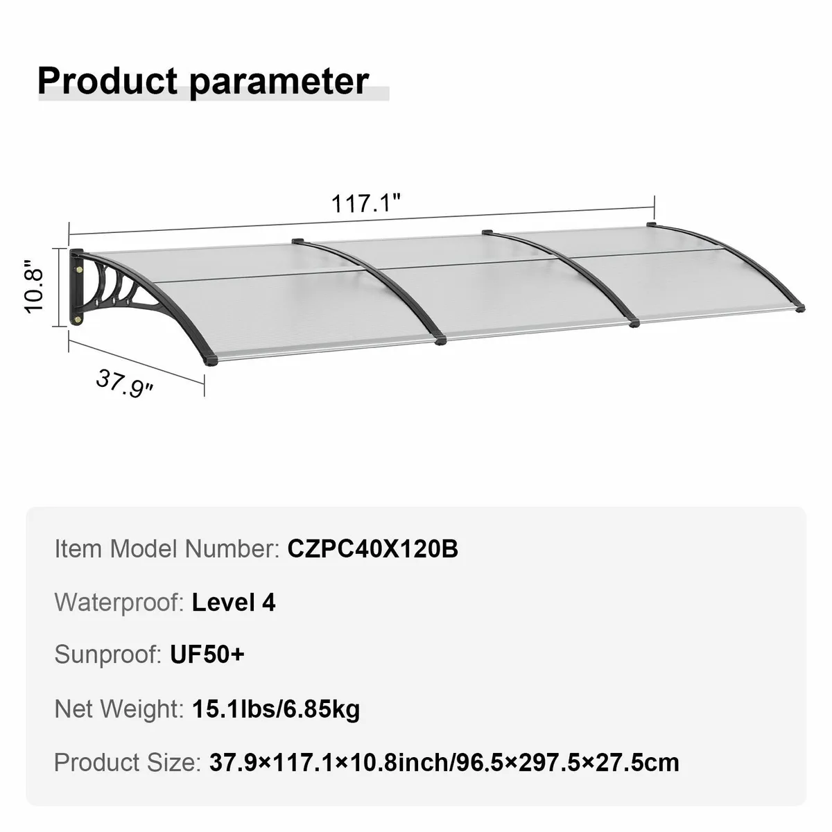 Window Door Awning Canopy 40" x 120", UPF 50+ Poly - Image 2