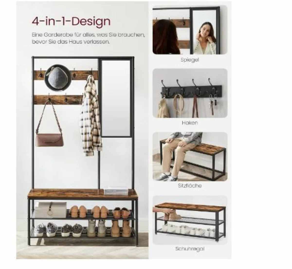 Coat Rack with Hooks Mirror Bench - Image 2