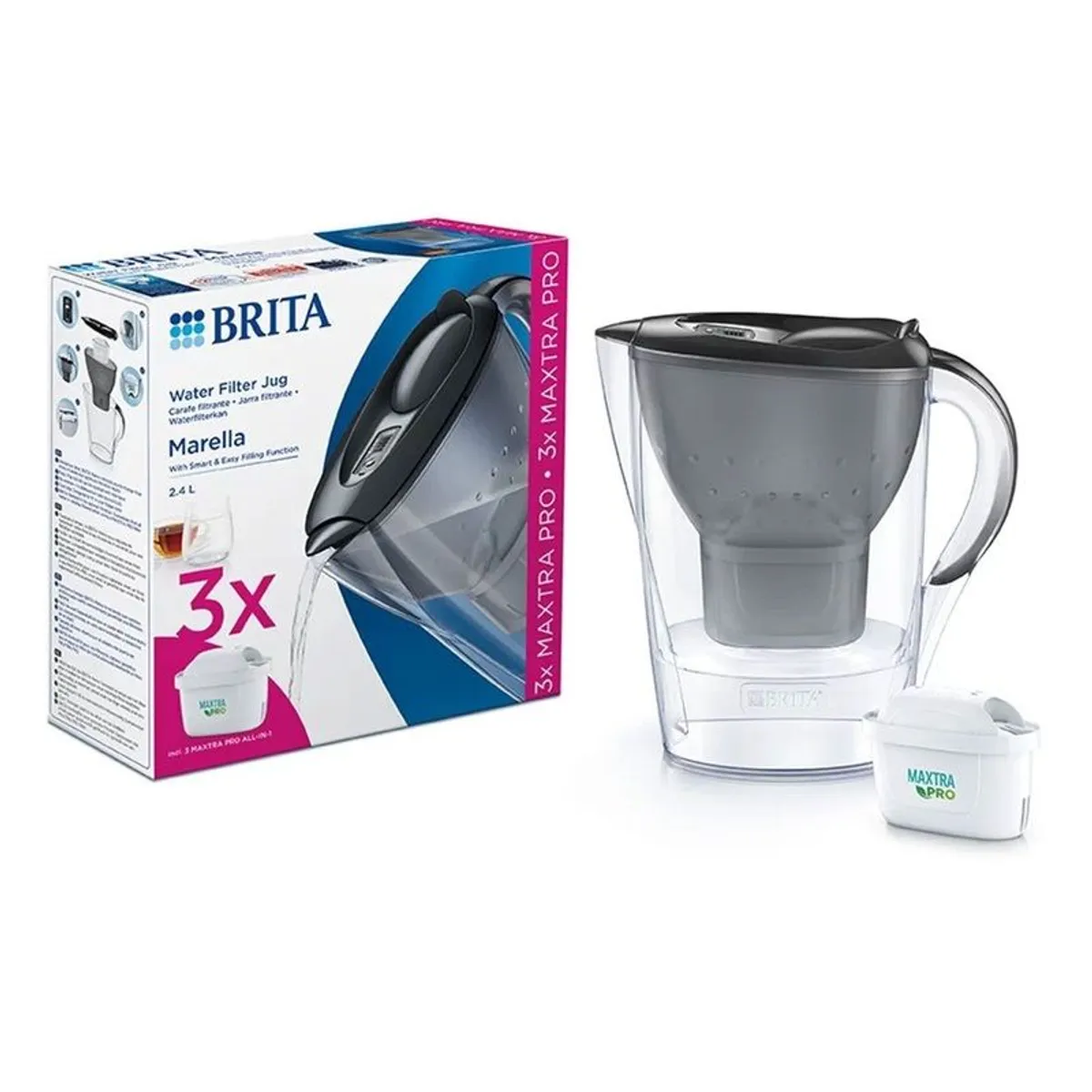 Brita Marella Incl 3 Maxtra Pro 2.4ltr Graphite Jug