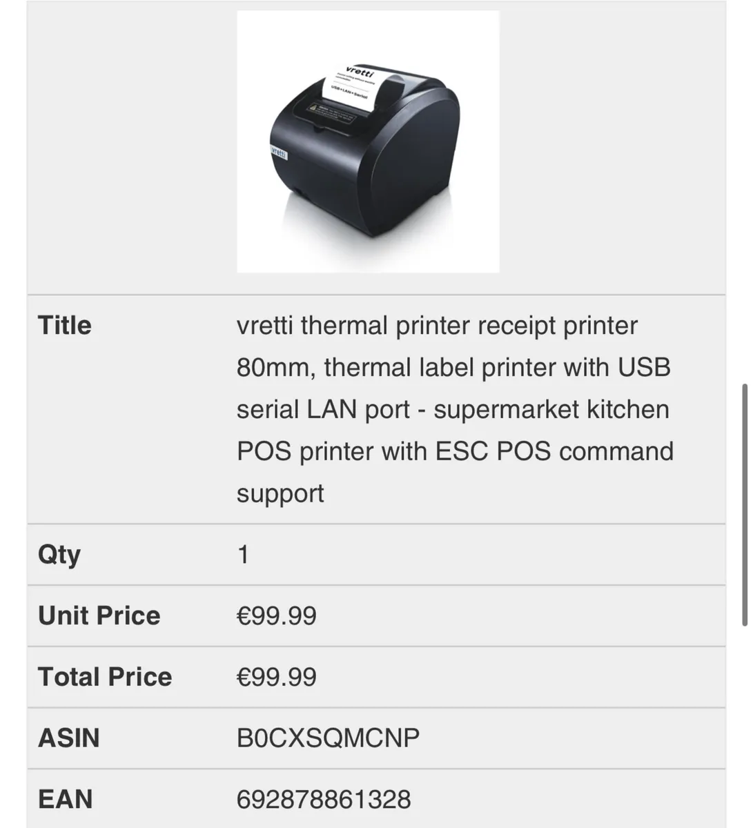vretti thermal printer receipt printer