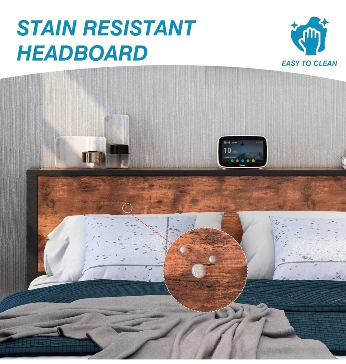 King Size Bed Frame with Storage Wooden Headboard - Image 2