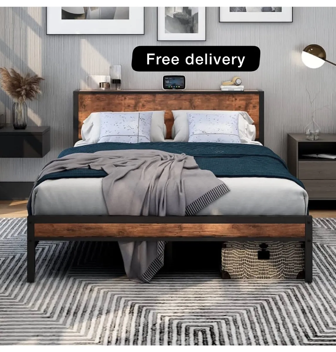 King Size Bed Frame with Storage Wooden Headboard - Image 1