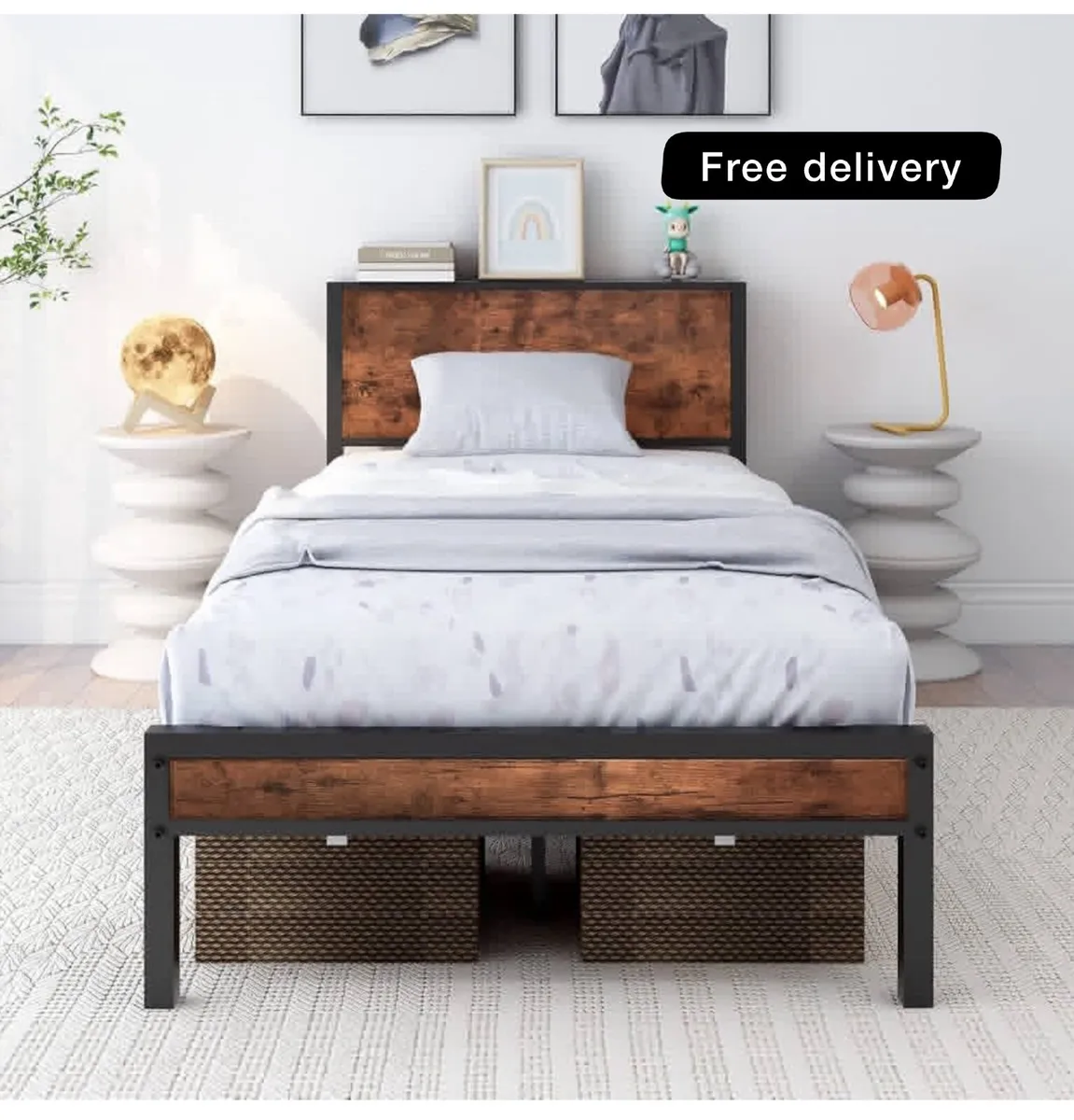 Single Bed Frames with Wooden Storage Headboard - Image 1