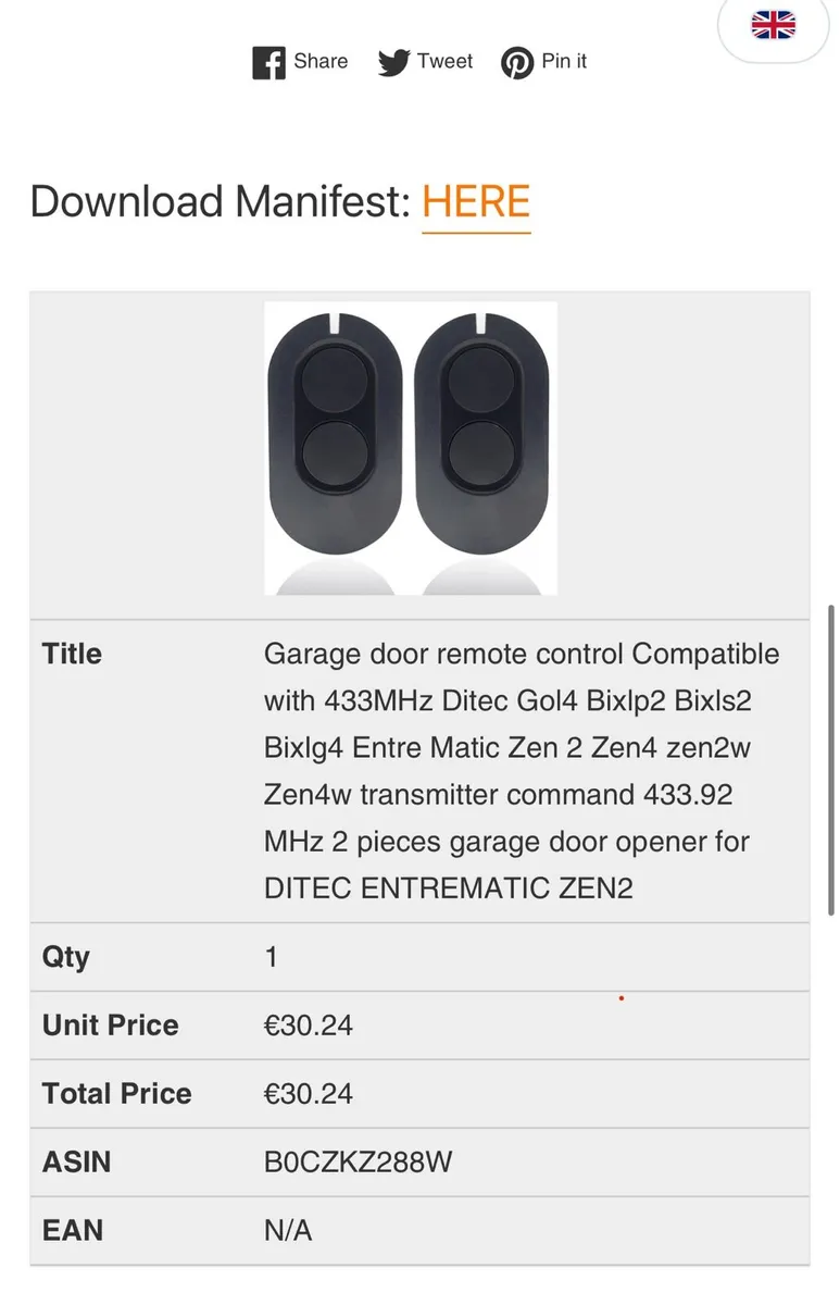 Garage door remote control Compatible
