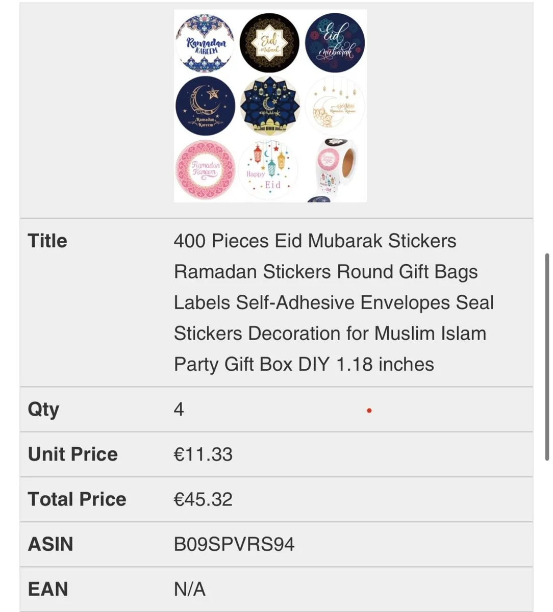 400 Pieces Eid Mubarak Stickers