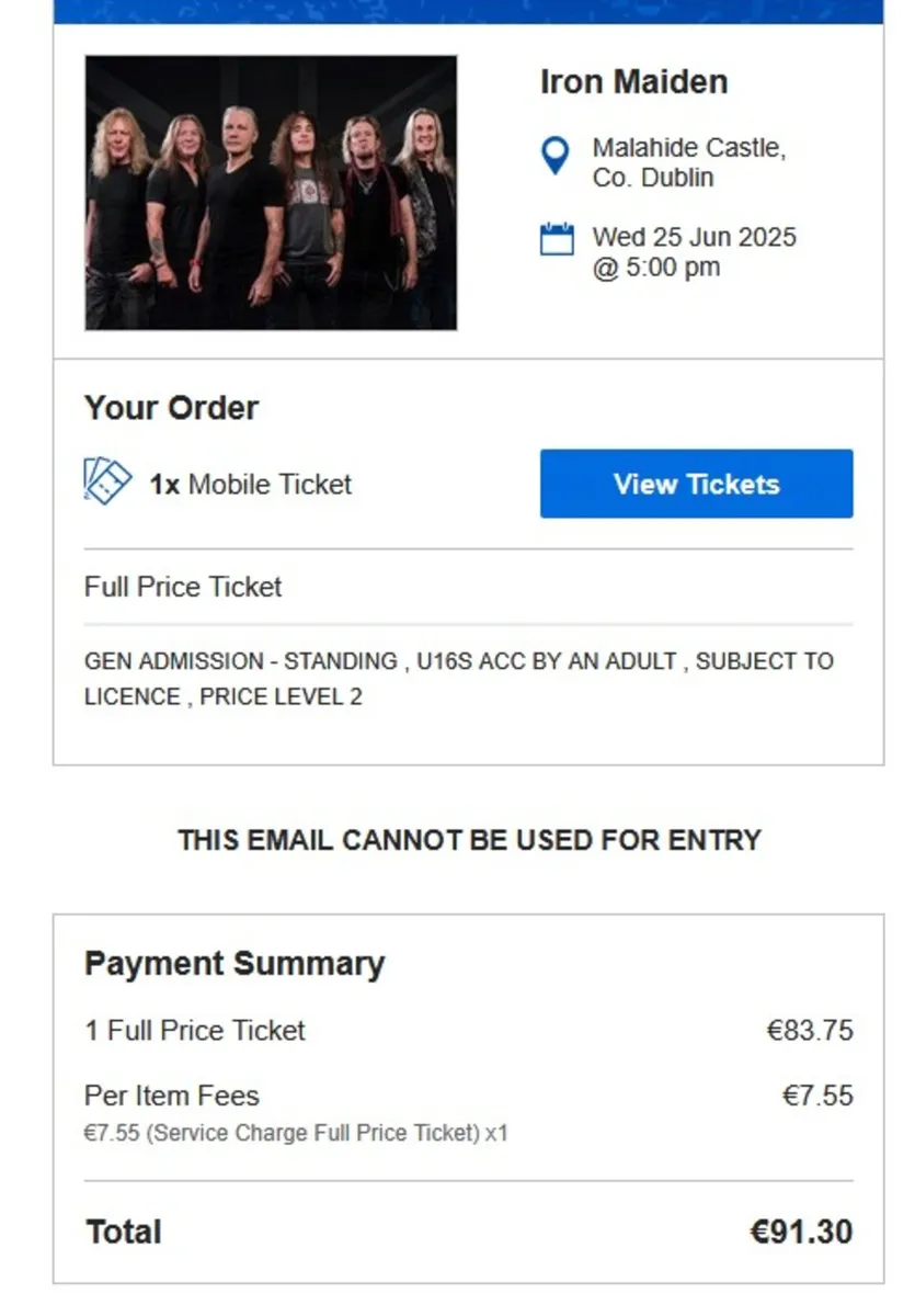 1 x Iron Maiden Dublin ticket - Image 1