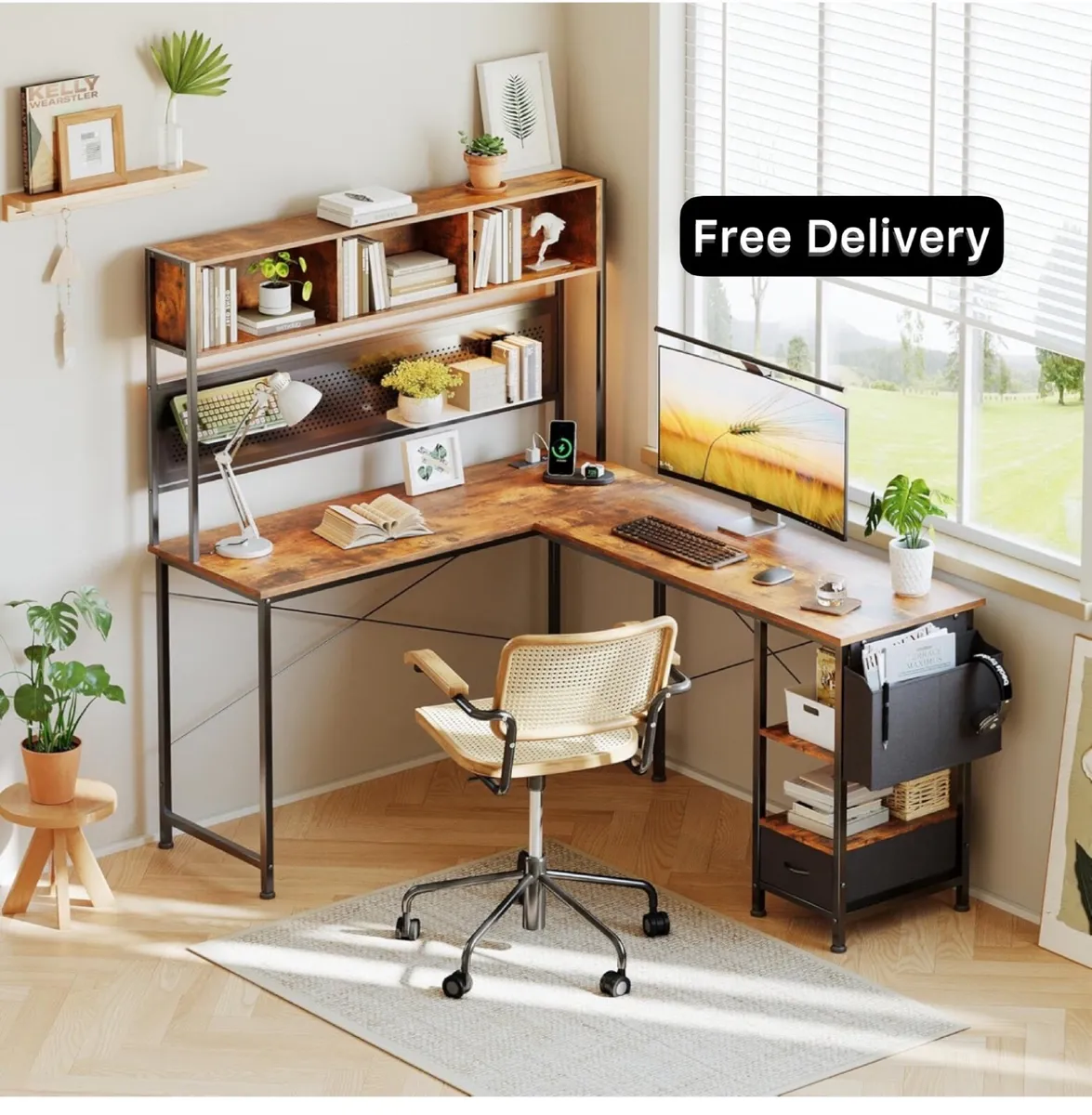 L Shaped Computer Desk, 58'' Office Table with Boo - Image 1