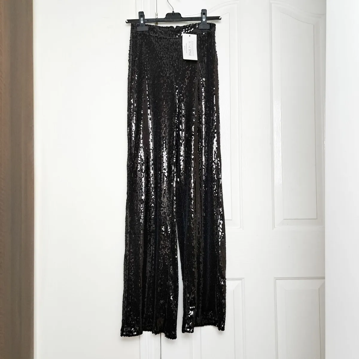 In The Style Black Sequin Wide Leg Trousers 6UK - Image 1