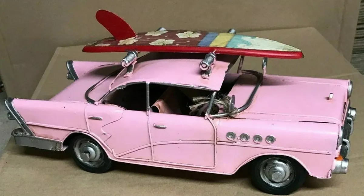 Pink Vintage Car With Surf Board Metal Model NEW - Image 1