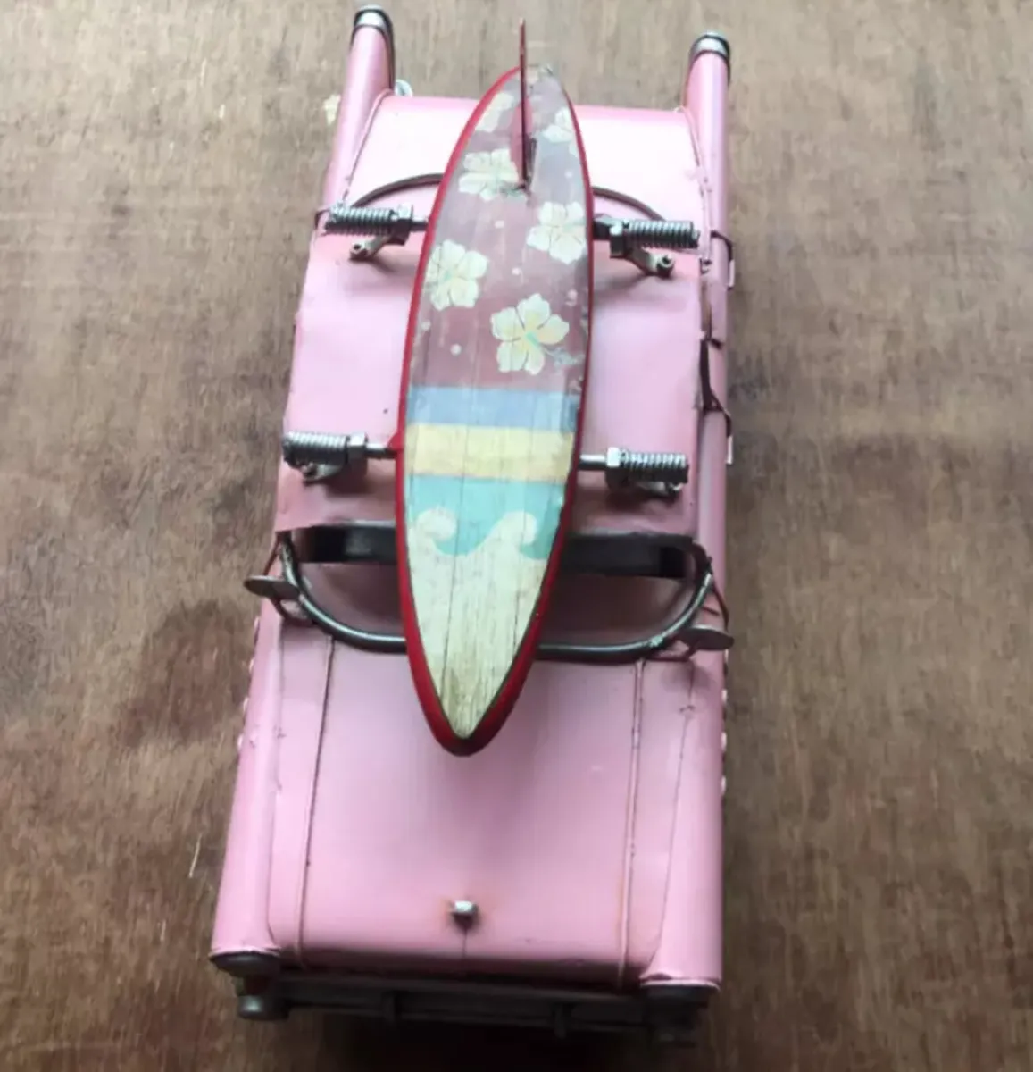 Pink Vintage Car With Surf Board Metal Model NEW - Image 4
