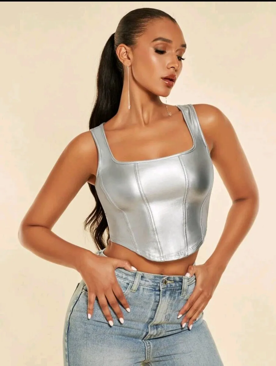 SHEIN BAE Square Neck Asymmetrical Hem PU Leather - Image 1