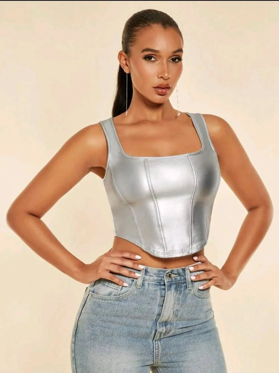 SHEIN BAE Square Neck Asymmetrical Hem PU Leather - Image 3