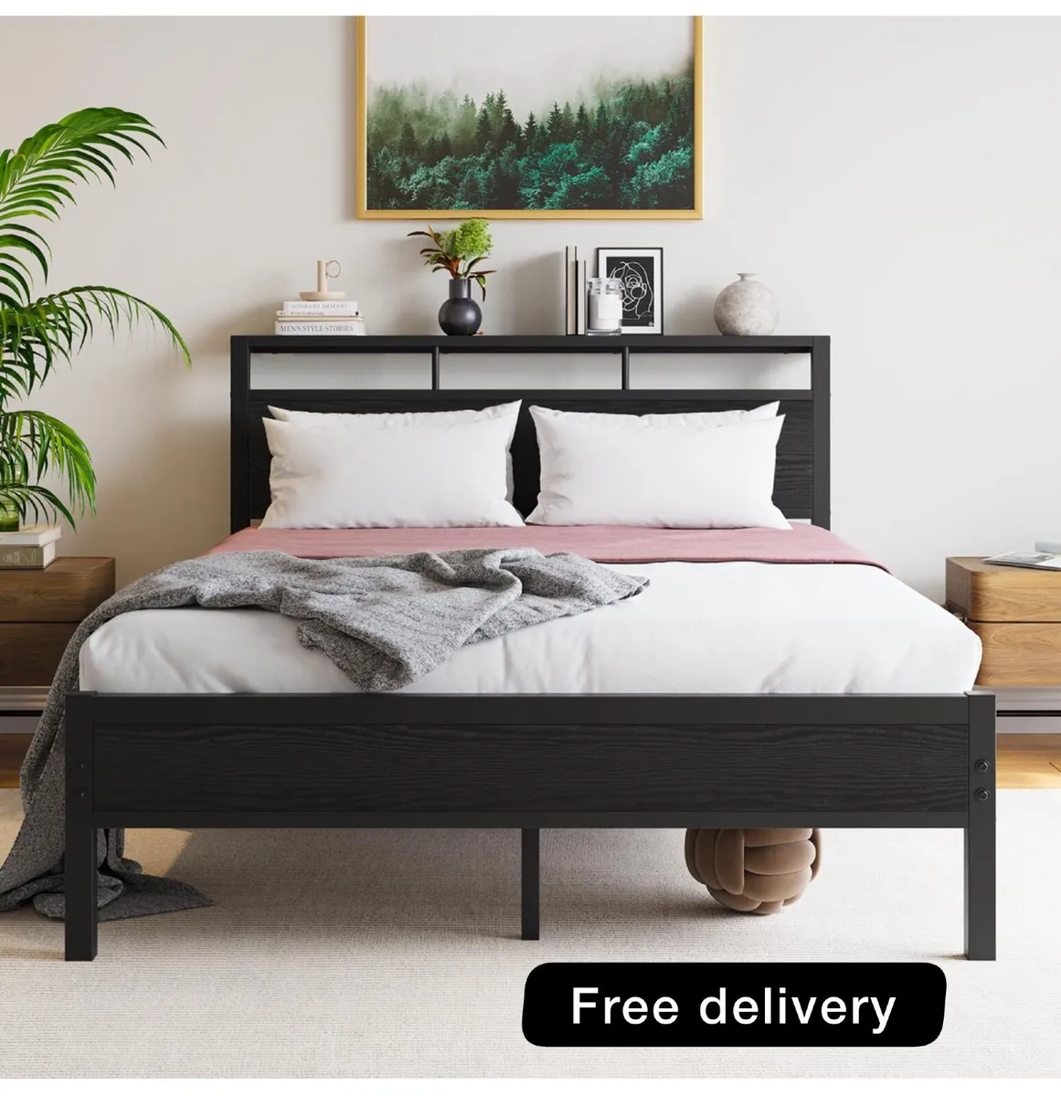 Double Bed Frame with Wooden Storage Headboard - Image 1